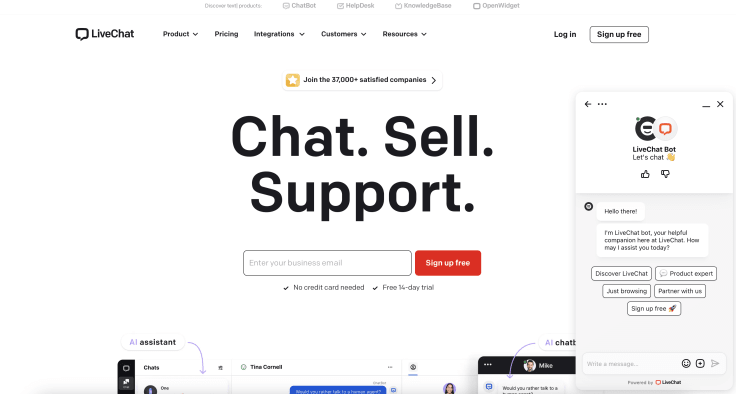 LiveChat website with a chat support bot open.